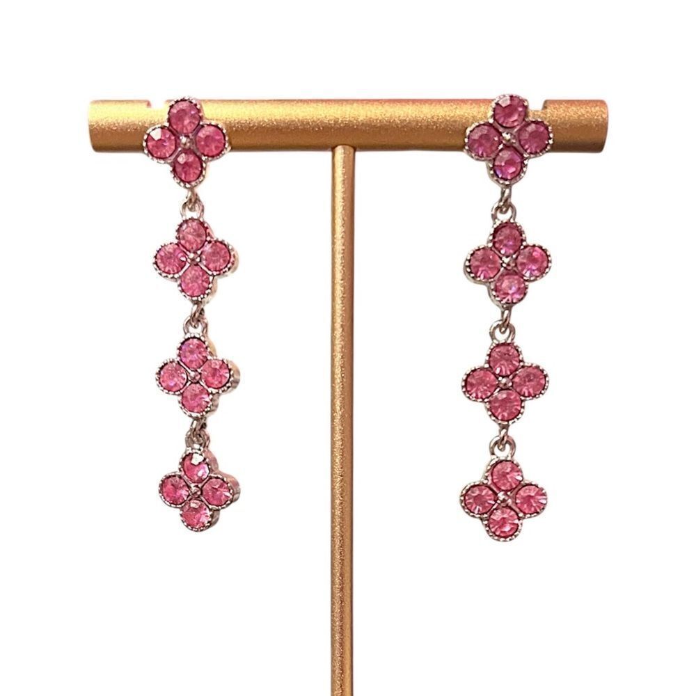 Pink Crystal Clover Silver Tone Drop Earrings